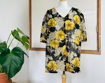 Vintage 80s Black Yellow Brown Floral Print Short Sleeve V Neck Blouse 18