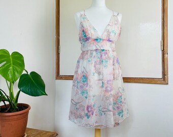 Vintage 90s Does 70s White Pink Green Floral Print Babydoll Mini Slip Dress 10