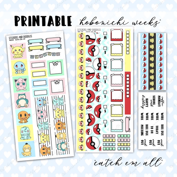 Printable Hobonichi Weeks Kit "Catch Em All" kawaii planner stickers and doodles, gaming, anime