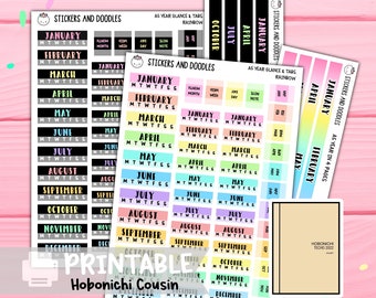 Hobonichi A5 Cousin yearly view, monthly tracker and tabs printable planner stickers Rainbow Theme, year at a glance, calendar cover