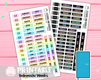 Hobonichi Weeks yearly view, monthly tracker and tabs printable planner stickers Rainbow Theme, year at a glance, calendar cover