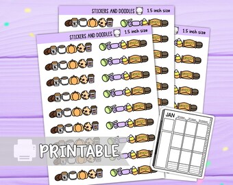Standard Printable Stickers: Spook Town Border Doodles 1.5 inch planner sticker digital download, halloween fall theme, for 7x9 planners