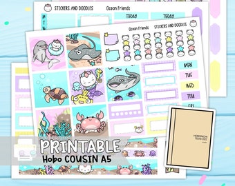Printable: Ocean Friends A5 Hobonichi Cousin Weekly Page Planner Stickers Digital Download, Sticker Kit, Stationery, Ready to Print