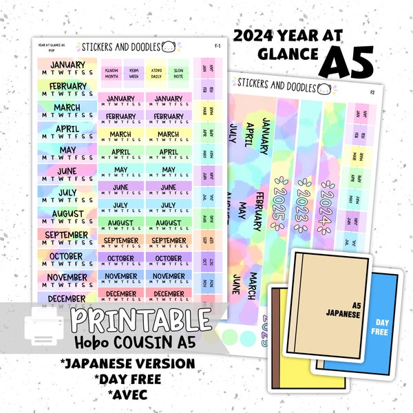 Hobonichi A5 Cousin year at a glance, monthly tracker and tabs printable planner stickers pop theme, calendar stickers, Yearly view