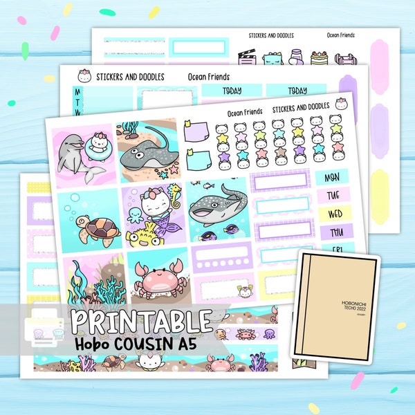 Printable: Ocean Friends A5 Hobonichi Cousin Weekly Page Planner Stickers Digital Download, Sticker Kit, Stationery, Ready to Print