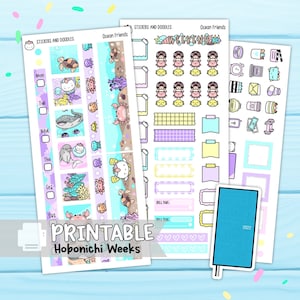 Printable: Ocean Friends Hobonichi Weeks Planner Stickers Digital Download, Sticker Kit, Stationery, Ready to Print
