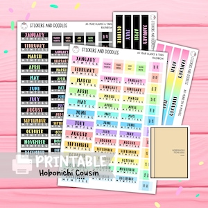 Hobonichi A5 Cousin visualização anual, rastreador mensal e adesivos para planejador imprimível com guias Tema arco-íris, ano em resumo, capa de calendário