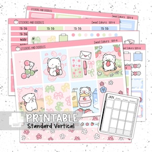 Druckbar: Standard Vertikale ""Sweet Sakura"" Wochenseite Planer Aufkleber Digitaler Download, Frühling, Kirschblüten, niedliches 7x9 Planer Kit."