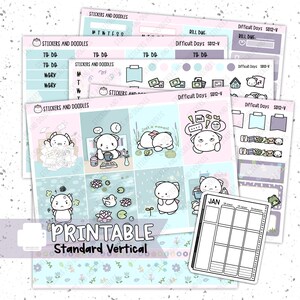 Imprimible: Descarga digital de pegatinas de planificador de páginas semanal vertical estándar "Días difíciles", Kit de planificador de días ocupados 7 x 9 con emociones malhumoradas bonitas