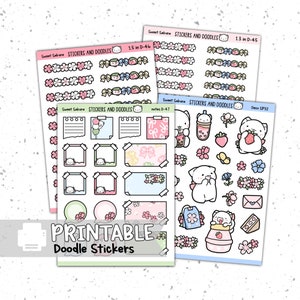 Druckbare Aufkleber: Süße Sakura Doodles Planer Aufkleber digitaler Download, Schreibwaren Frühling Kirschblüten digitaler Aufkleber für Journals