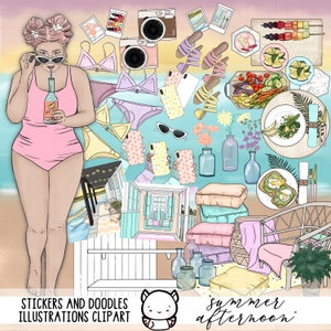 Clip Art de la tarde de verano, Ilustración de clipart de verano, arte de pegatina de planificador, chicas de moda, tema de verano, lago, playa, vacaciones, comida, fiesta