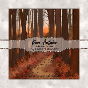 Querida imagen prediseñada de escena adicional de otoño, ilustración dibujada a mano, arte de pegatina del planificador, tema de otoño, tonos cálidos, bosque, árboles