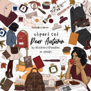 Dear Autumn, Fall Clip Art Illustration, Planner Sticker Art PNG files, Hand Drawn Fashion Girls and Stationery Design Elements Graphics