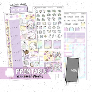 Druckbar: Wochen MONAT SEITE Liebes Thema Hobonichi Wochen Planer Aufkleber, Digital Download, digitale Aufkleber niedlich Kritzeleien