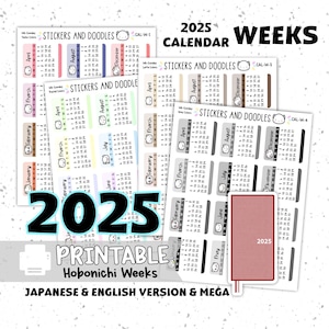 Druckbare Sticker: "2025 WOCHEN KALENDERSEITE Sonntag & Montag Start" Hobonichi Planer Sticker digitaler Download Jahr auf einen Blick