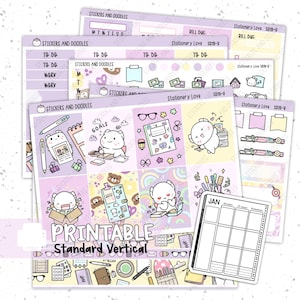Stampabile: Adesivo per pianificatore settimanale verticale standard "Stationery Love" Download digitale, Kit adesivi per pianificatore 7x9, penne, carta e cancelleria