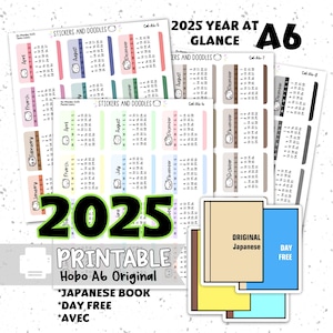 Adesivos para impressão: "2025 A6 CALENDÁRIO PÁGINA Domingo e Segunda-feira Início" Adesivo digital para download do planejador Hobonichi, Resumo do ano