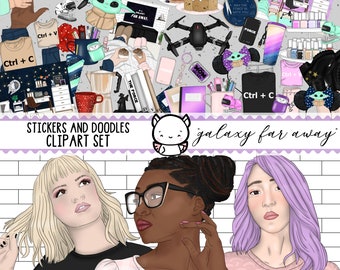 Galaxy Far Away Clip Art Illustration, planner sticker clipart with space stars galaxy spaceships theme