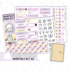Imprimível: PÁGINA MENSAL A5 "Amor de papelaria" primeiro Hobonichi Cousin Tamanho Adesivos para planejador Download digital, rabiscos fofos de canetas e papel