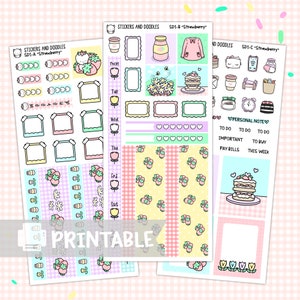 Printable Hobonichi Weeks Kit &quot;Strawberry&quot; kawaii planner stickers and doodles
