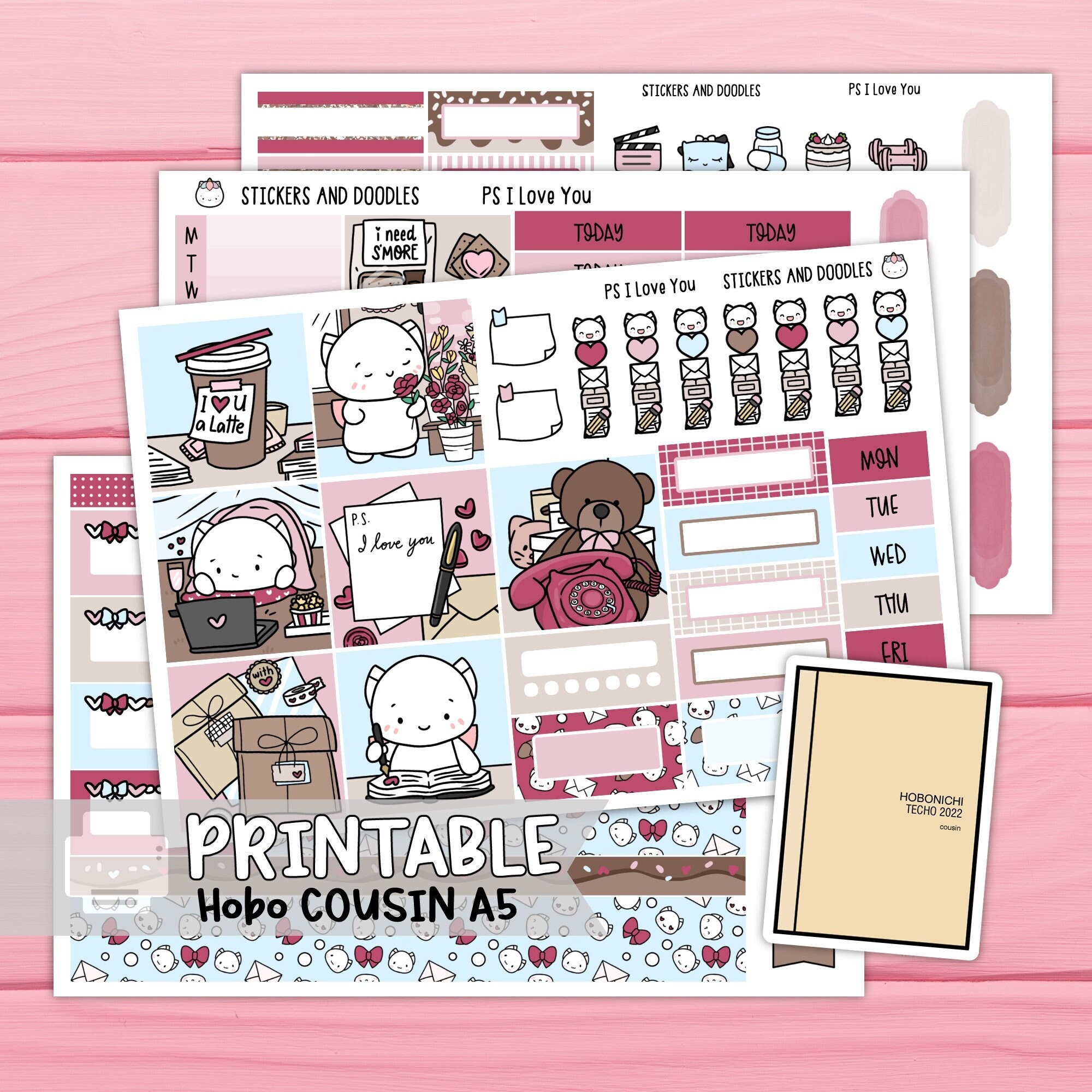 Printable: PS I Love You A5 Hobonichi Cousin Weekly Page Planner Stickers Digital Download, Sticker Kit, Stationery, Valentines, Love