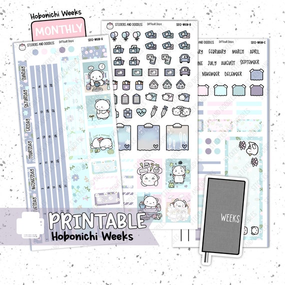 Printable: Weeks MONTHLY PAGE "Difficult Days" theme Hobonichi Weeks Planner Stickers Digital Download, moody, blue, emotion digital sticker
