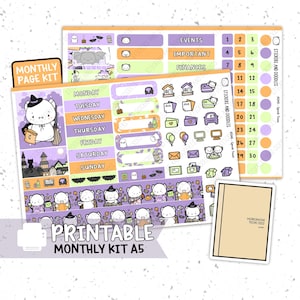 Imprimible: A5 PÁGINA MENSUAL "SpookTown" Pegatinas para planificador de primos de Hobonichi Descarga digital, Halloween, brujería, hechizos, pegatina digital