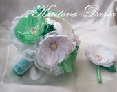 Pfingstrosen Brosche Bouquet, Brosche Bouquet, Türkis-Elfenbein-Stoff Bouquet, einzigartige Hochzeit Brautstrauss