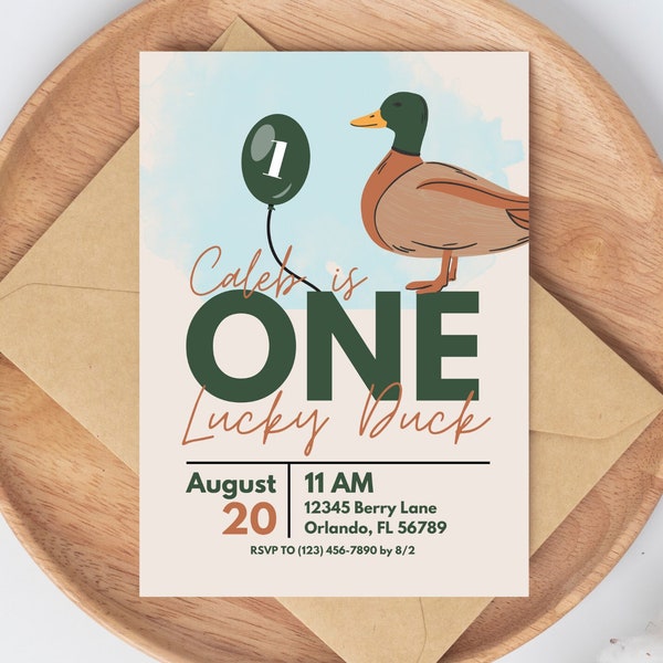 ONE Lucky Duck 1st Birthday Party Invitation | Duck Hunting Birthday | Duck Birthday Party | Lucky Duck | First Birthday Party | Boy