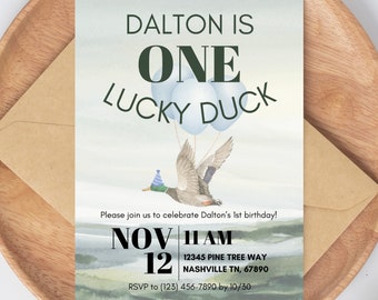 ONE Lucky Duck 1st Birthday Party Invitation | Duck Hunting Birthday | Duck Birthday Party | Lucky Duck | First Birthday Party | Boy