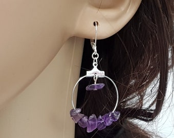 Amethyst cluster hoop earrings with sterling silver leverbacks