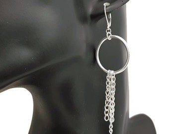 Large hoop earrings with silver chain tassels • Elegant long drop earrings with sterling silver leverback earring hooks