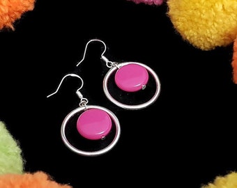 Mid century modern hot pink earrings • Geometric earrings with large hoops and sterling silver hooks