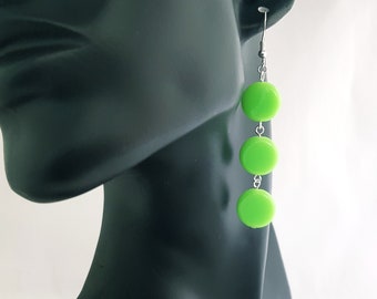 Apple green earrings in a mid century modern style • Hand forged chain earrings with sterling silver shepherd hooks & flat acrylic beads