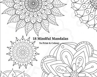 18 colouring pages of original mandala art,  printables, instant download to save & print, use as wall art or stencils