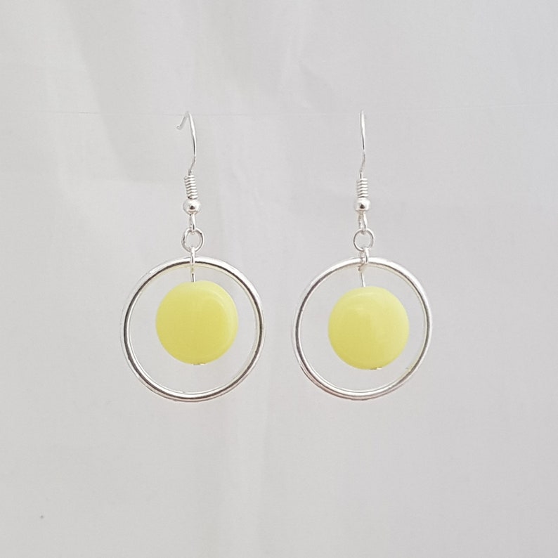 Butter yellow earrings with large silver hoops 60s mod style earrings Geo earring ideal birthday gift for her image 5