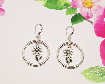 Daisy charm and medium hoop earrings • Ideal anniversary gift for wife or mum birthday gift