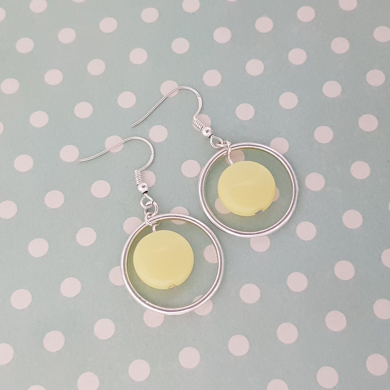 Butter yellow earrings with large silver hoops 60s mod style earrings Geo earring ideal birthday gift for her image 2