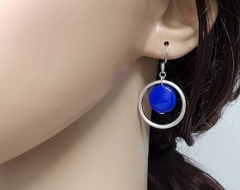 Cobalt blue earrings with large silver hoops • 60s mod style earrings • Geo earrings ideal birthday gift for her