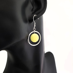 Butter yellow earrings with large silver hoops 60s mod style earrings Geo earring ideal birthday gift for her image 1