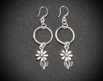 Silver hoop earrings with a flower charm and sterling silver ear hooks • Floral earrings ideal gift for Mum or Aunty