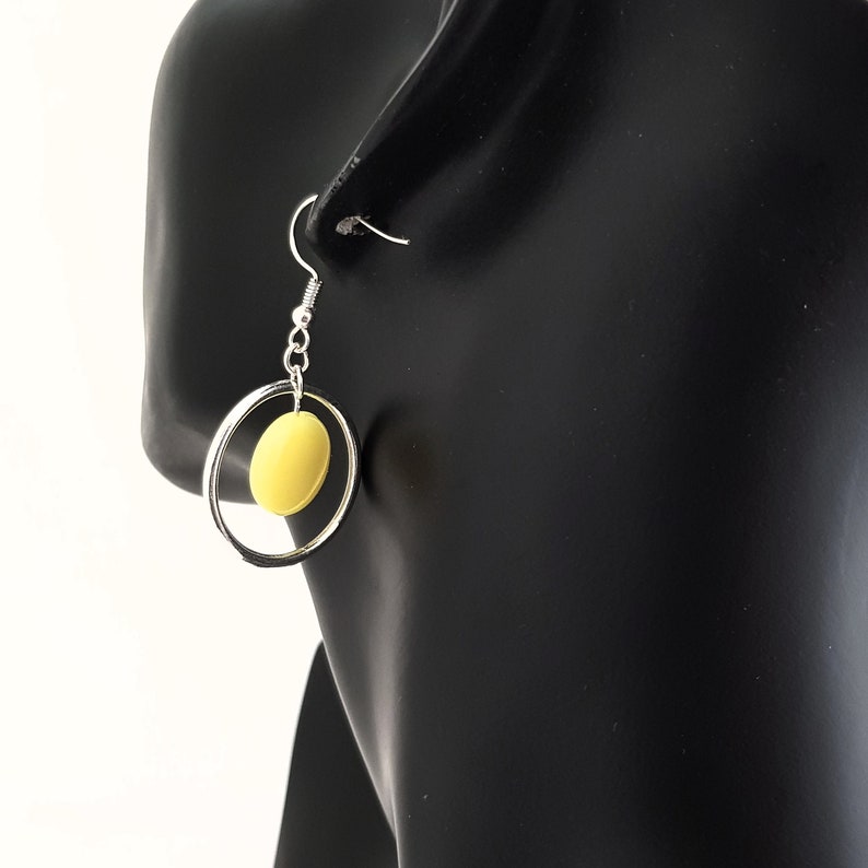 Butter yellow earrings with large silver hoops 60s mod style earrings Geo earring ideal birthday gift for her image 4