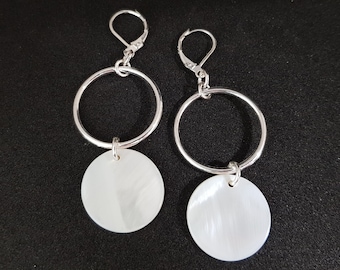 White shell earrings with silver hoops  • Funky hoop earrings with sterling silver leverbacks • Beautiful accessory for beachwear