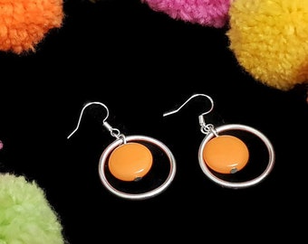 Bright orange geometric earrings • Funky earrings with large hoops and acrylic beads