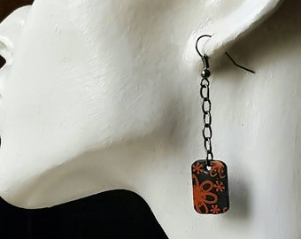 Shrink art sunflower earrings with antique black handmade chain and shepherd hooks • Unusual botanical earrings