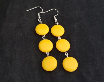 Yellow earrings in a mid century modern style • Hand forged chain earrings with sterling silver shepherd hooks & flat acrylic beads