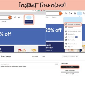 May include: Screenshot of an Etsy shop's website showing a purchase confirmation with the text "Instant Download!" and "Download files" button. The shop offers a 25% discount and has a gift card balance of $0.00.
