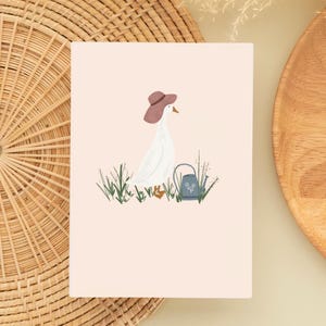 Cartão de felicitações de primavera - Cartão de jardim de ganso ilustrado à mão, em branco por dentro, cartão fofo só porque ou pensando em você