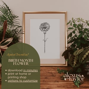Geburtsblume | Ausdruckbar | Nelke | Januar Blume | Blumen Wand Kunst | Blumenwanddekor | Personalisierte Geschenke