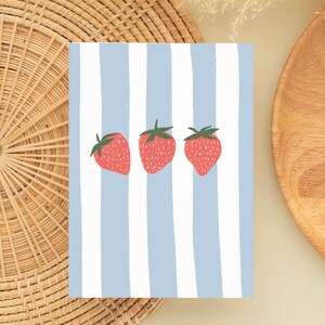 Cartão de felicitações de primavera - Cartão de morangos ilustrado à mão, em branco por dentro, cartão fofo só porque ou pensando em você